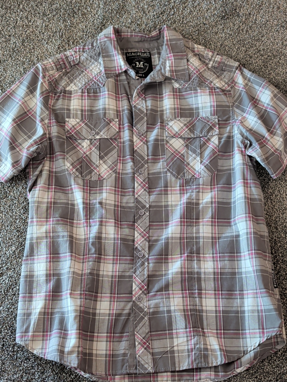 Machine Men’s Gray Plaid Short-Sleeve Button-Down Shirt with Cream Accents